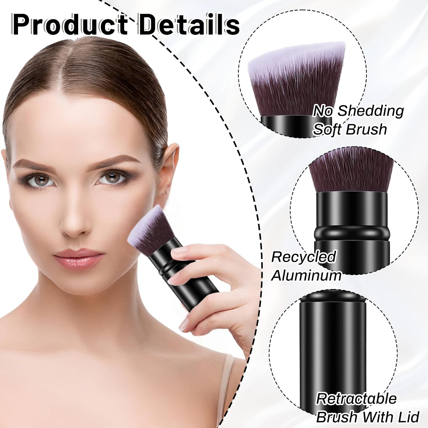 3 Pack Retractable Makeup Brush, Travel Kabuki Foundation Brush Portable Powder Foundation Brushes Face Blush Brushes for Blending Liquid Blush Bronzer Buffing Sunscreen Concealing