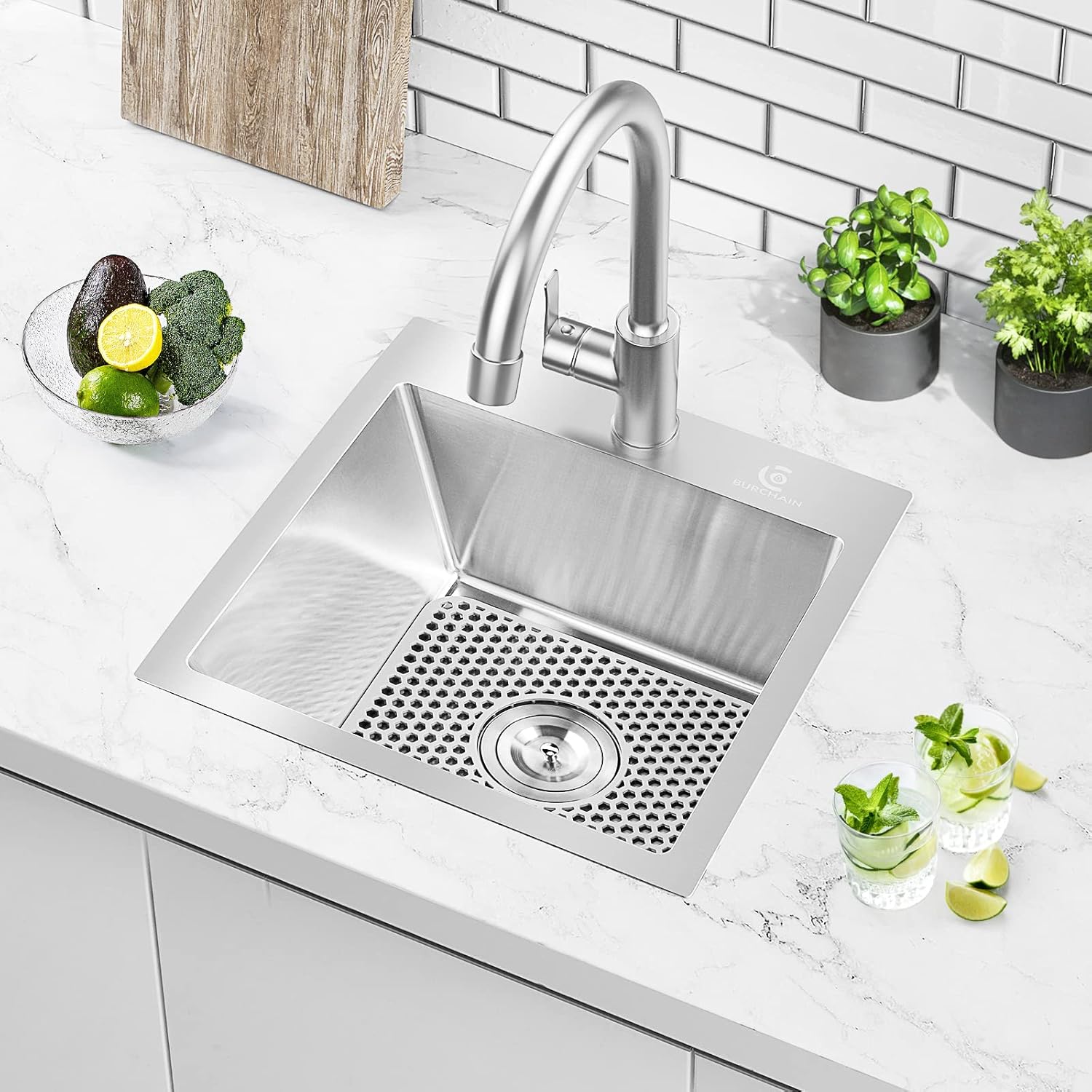 BURCHAIN 17 x 15 Inch Drop in Kitchen Sink Top mount Bar Sink 16 Gauge