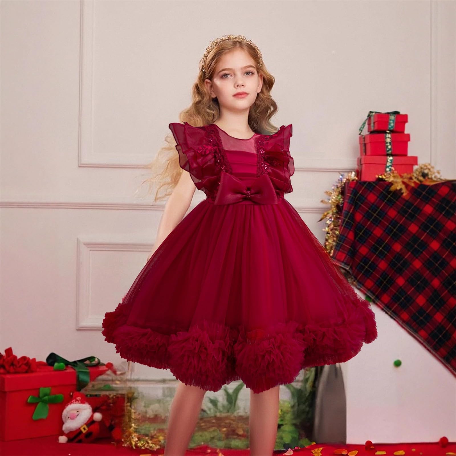 Abito da principessa per ragazze, in tulle, con fiocco, per feste di compleanno, formali, balli studenteschi, matrimoni, damigelle d'onore, concorso, maniche a volant, abiti car
