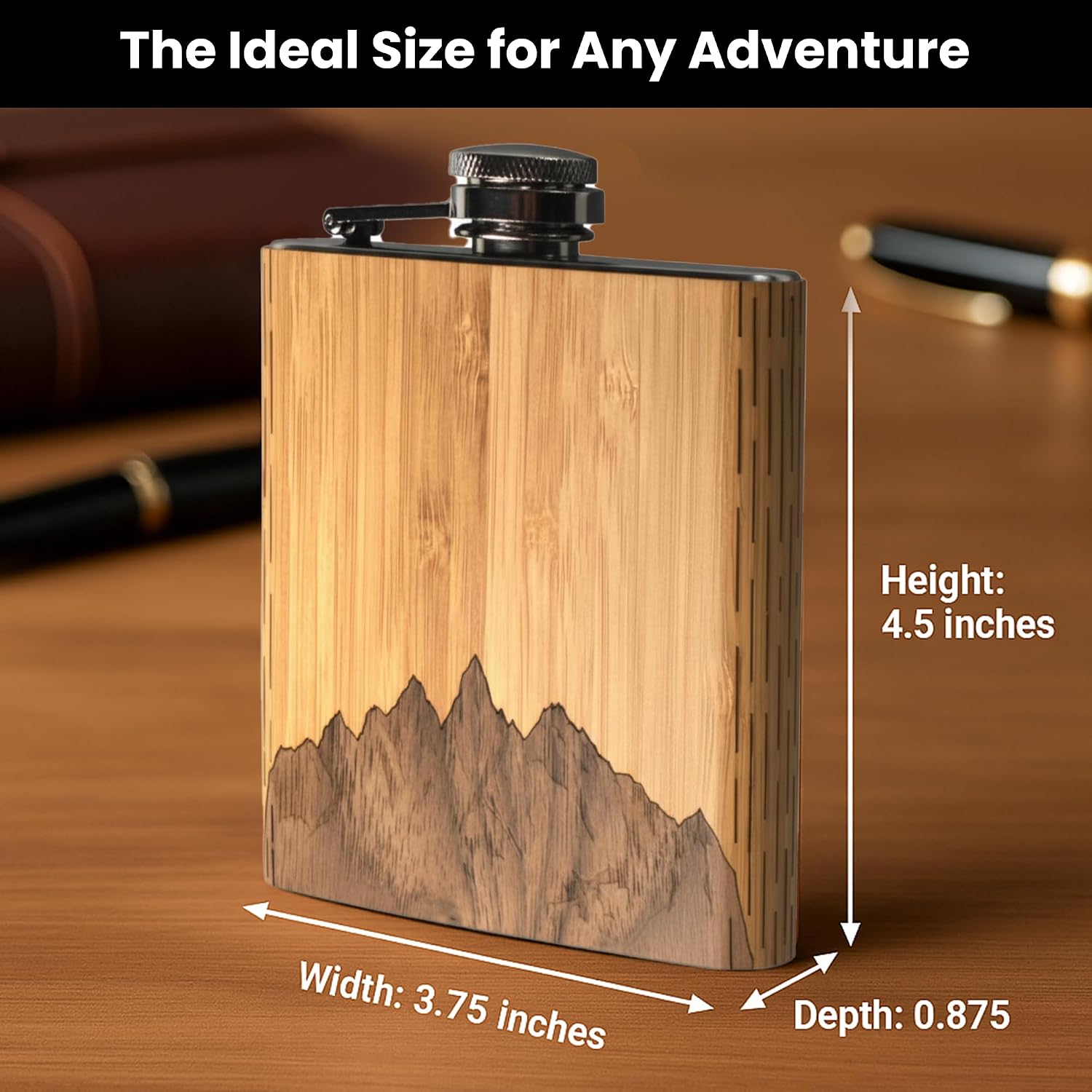 WUDN Laser Engraved Wooden Hip Flask 6 oz Stainless Steel | Cascade Range Mt. Sawtooth Mountains Bamboo Sky Design, Walnut & Maple Finish | Handmade in USA, Outdoor, Hiking, Travel