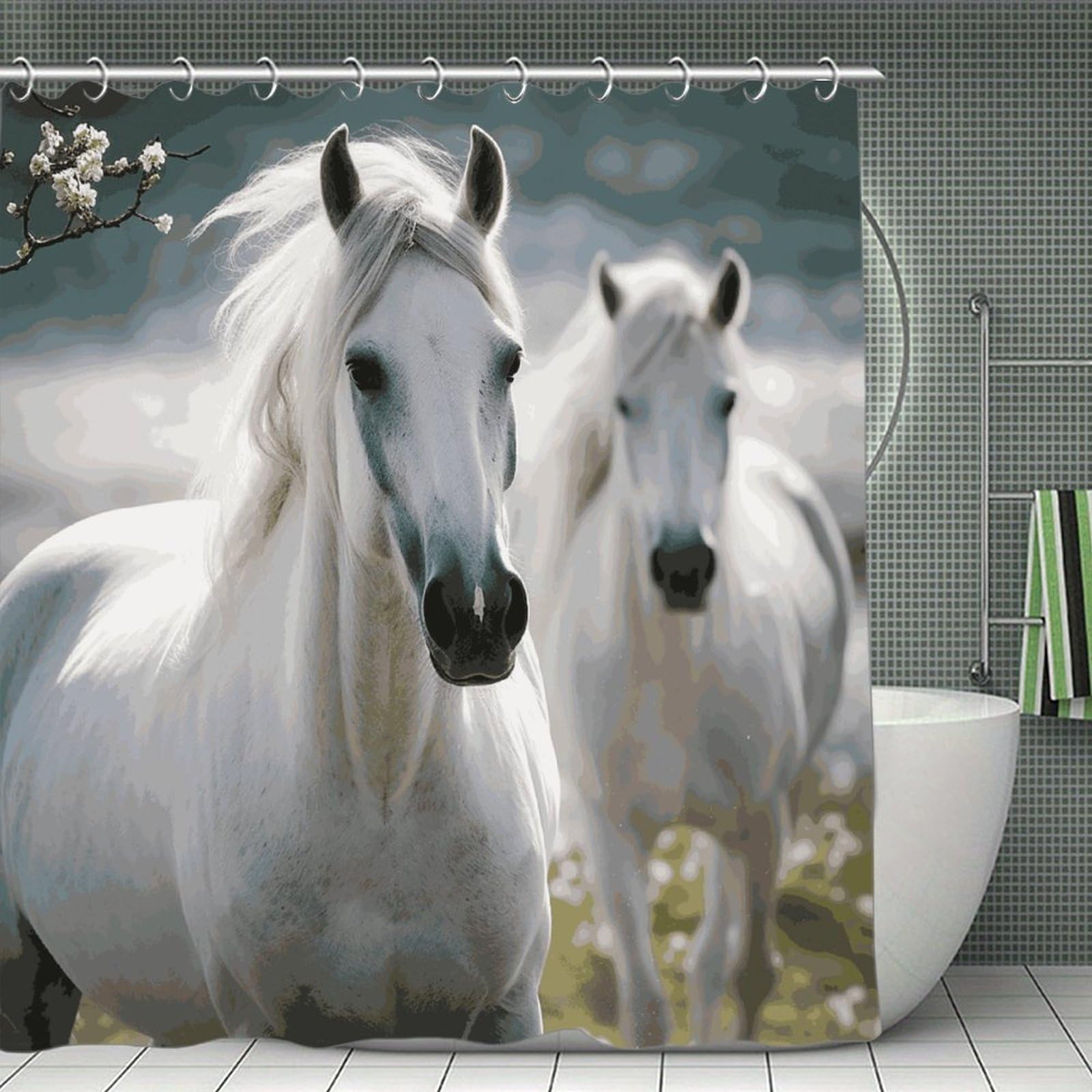 VstaDank White Horses Shower Curtain 71x71 Heavy Duty Polyester Cloth Bath Curtain with Hooks Thick Waterproof Shower Liner Fun Magic Decorative Bathroom Curtains for Bathtub