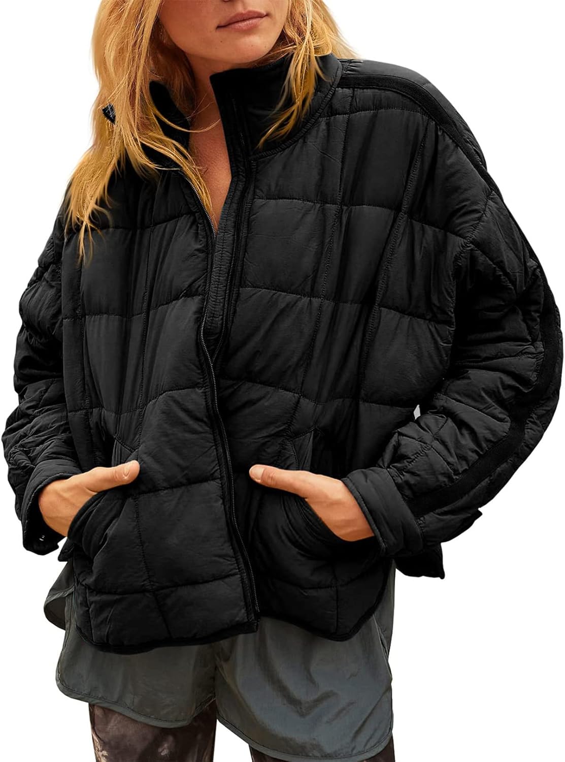 Eisctnd Cotton Jacket Women Lightweight Quilted Puffer Jackets Oversized Zip Up Padded Jacket(Black-L)