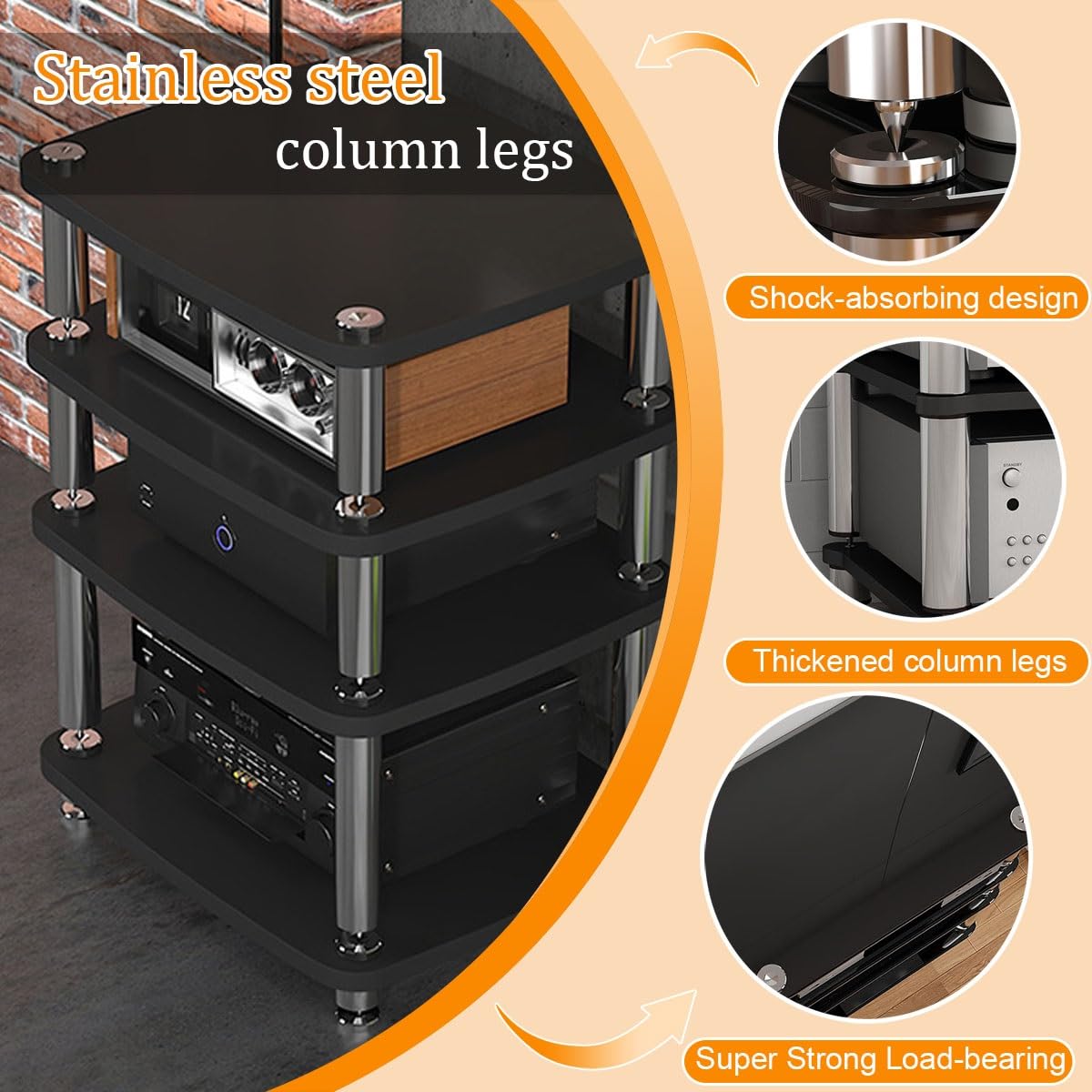 Mini HiFi Stand Rack, Mueble Equipo HiFi Estéreo Supports, Soporte Multimedia AV De 1 2 3 4 Niveles Con Estantes Ajustables, Estantería AV Media Stand Con Pies Amortiguadores Mueble Hifi Tv(Black,H10c