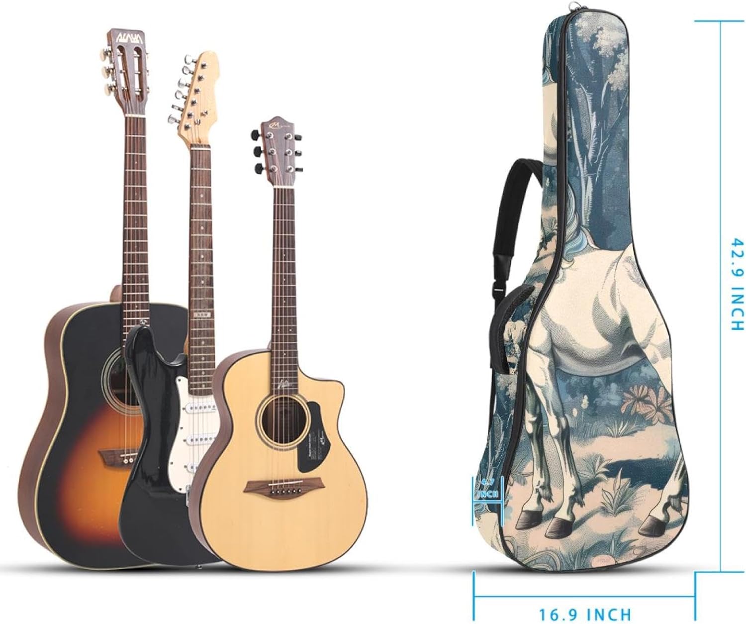 40 41 42 Inch Guitar Bags, Waterproof Padded Acoustic Guitar Case Backpack with Adjustable Shoulder Strap & Pockets, Vintage Unicorn in Magic Forest Pattern