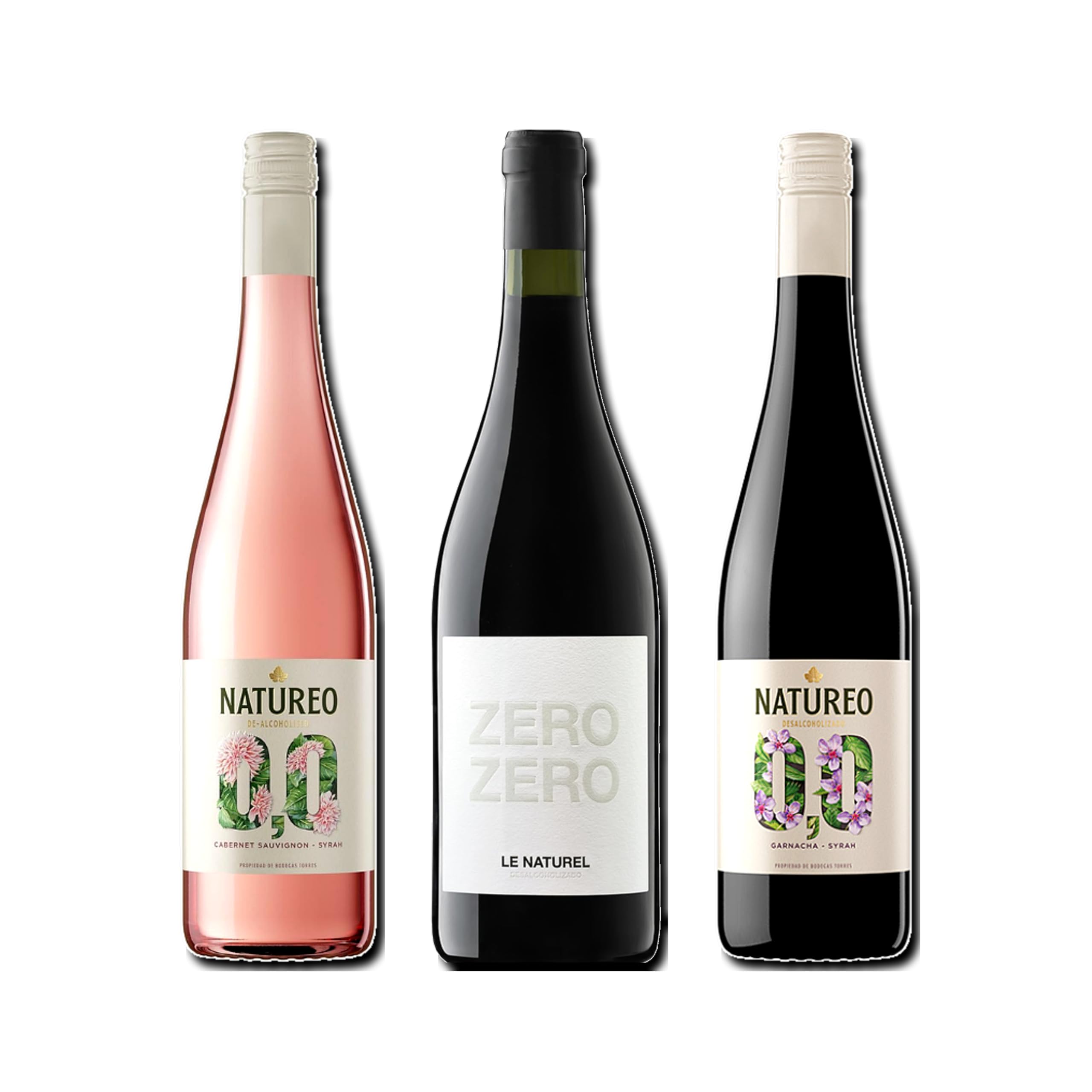 vino sin alcohol 0,0 Natureo Rosado, Le Naturel Zero Zero Tinto y Natureo Tinto pack de 3 botellas 75cl