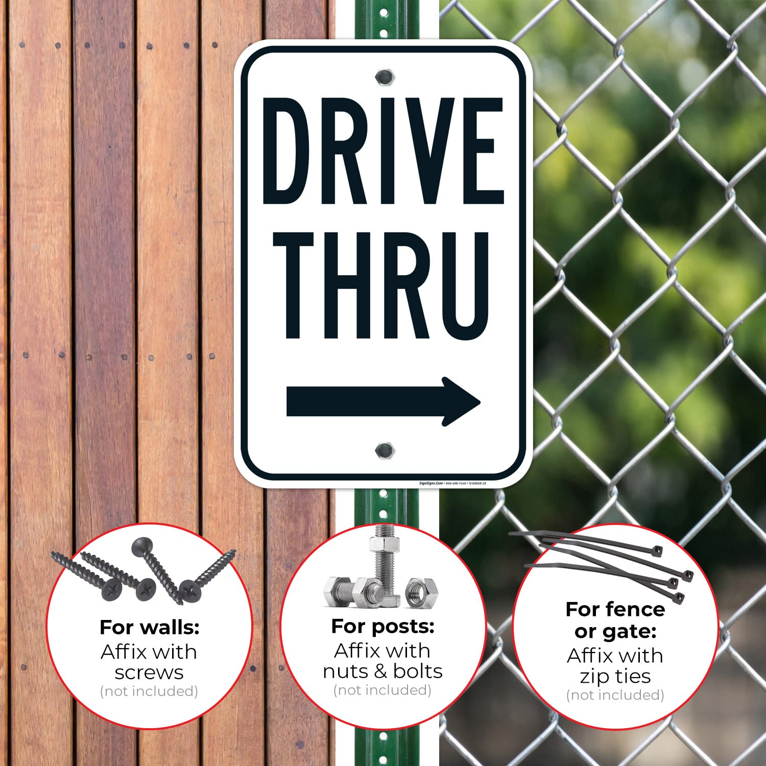 Drive Thru with Right Arrow Sign, 12x18 Inches, Rust Free .063 Aluminum, Fade Resistant, Made in USA