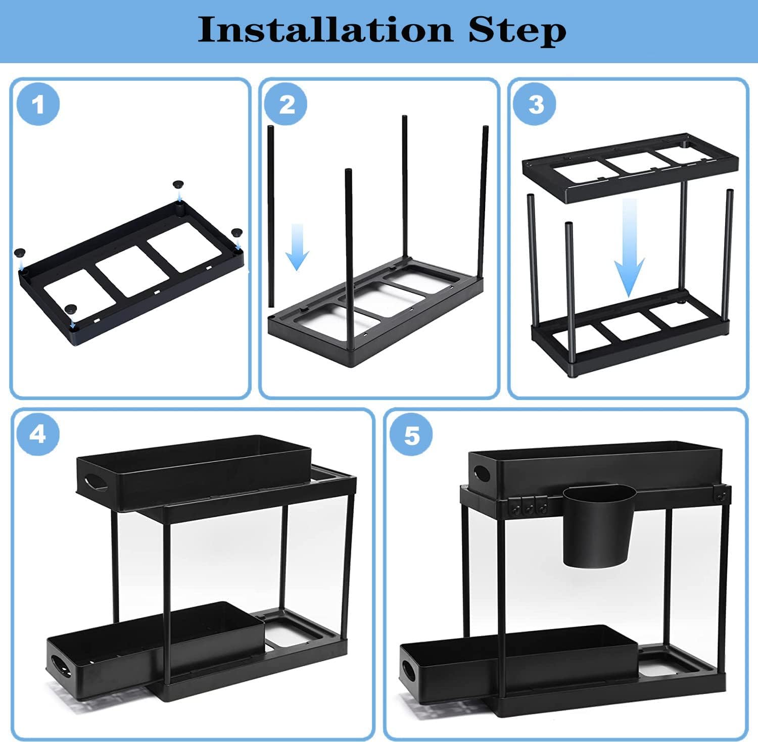 Double Sliding Cabinet Basket Organizer Drawers, 2 Tier Slide Out Under Sink Organizers Storage Under Cabinet Bathroom Organizer with Hooks & Hanging Cup for Kitchen Countertop (Black,2Pack)