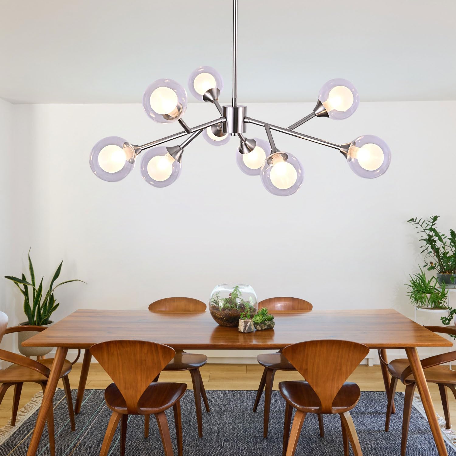 9-Light Modern Sputnik Chandelier, Brushed Nickel Pendant Light Fixture with Bubble Glass Globes, Mid Century Ceiling Hanging Lamp for Dining Room, Living Room, Bedroom