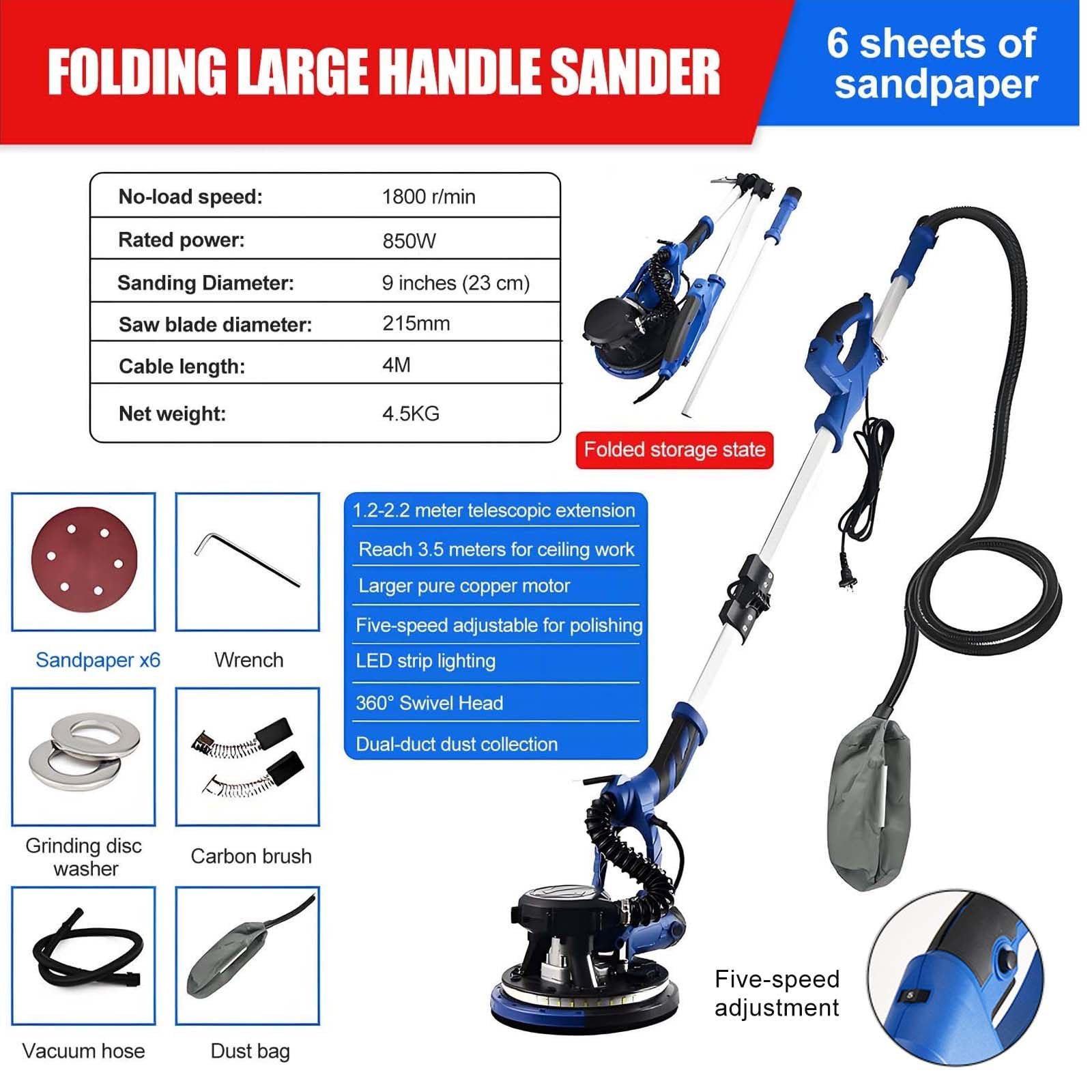 Lijadora de Paneles De Yeso De 9 Pulgadas con AspiracióN AutomáTica, MáQuina Multifuncional para Lijado, NivelacióN Y Pulido, 850 W, Doble Led Sin Sombras, 800-2100 RPM. Withhandle