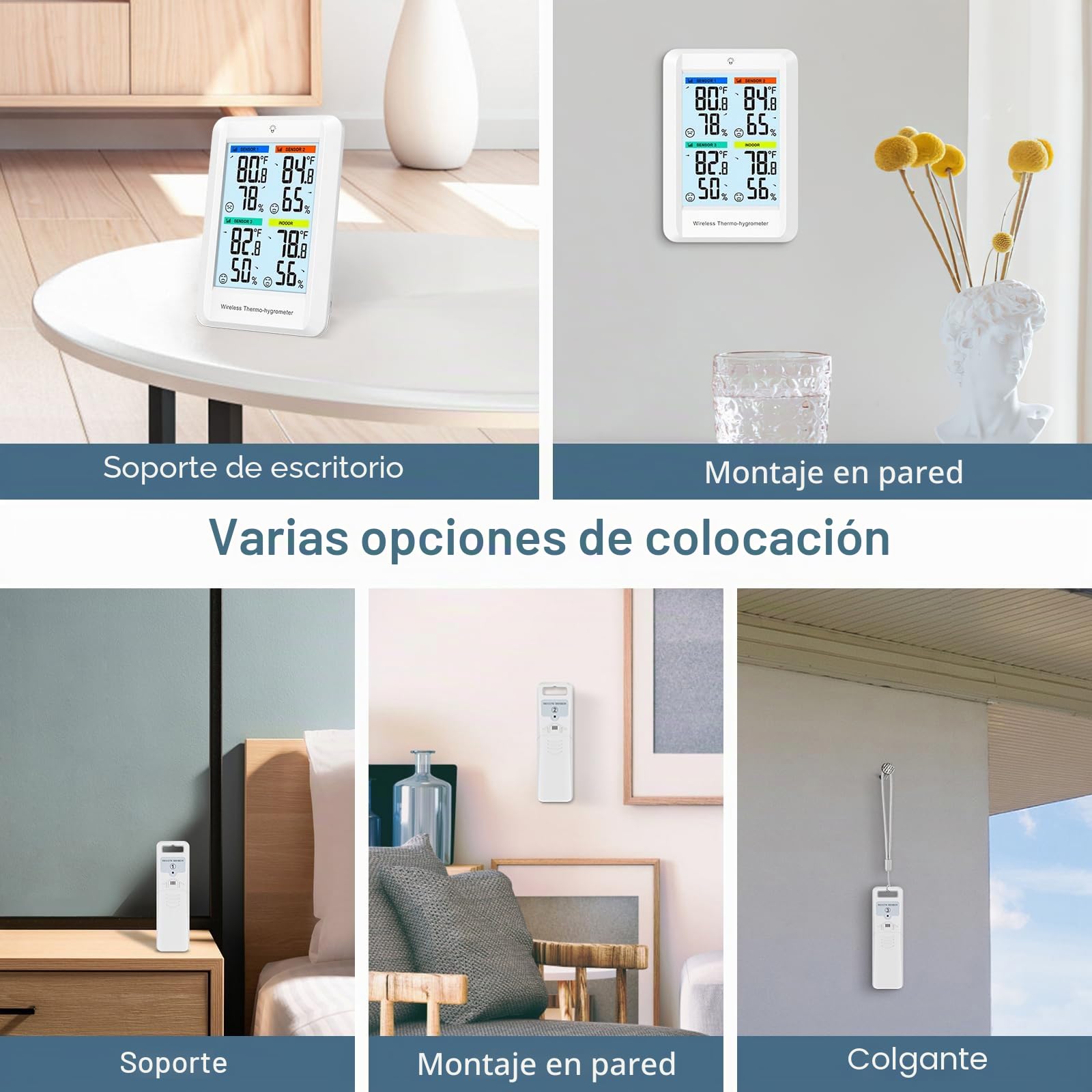Estación Meteorológica Digital, Termómetro Higrómetro Digital con Pantalla Grande de 4 pulgadas, Termómetro para Interior y Exterior con 3 Sensores Remotos, Blanco