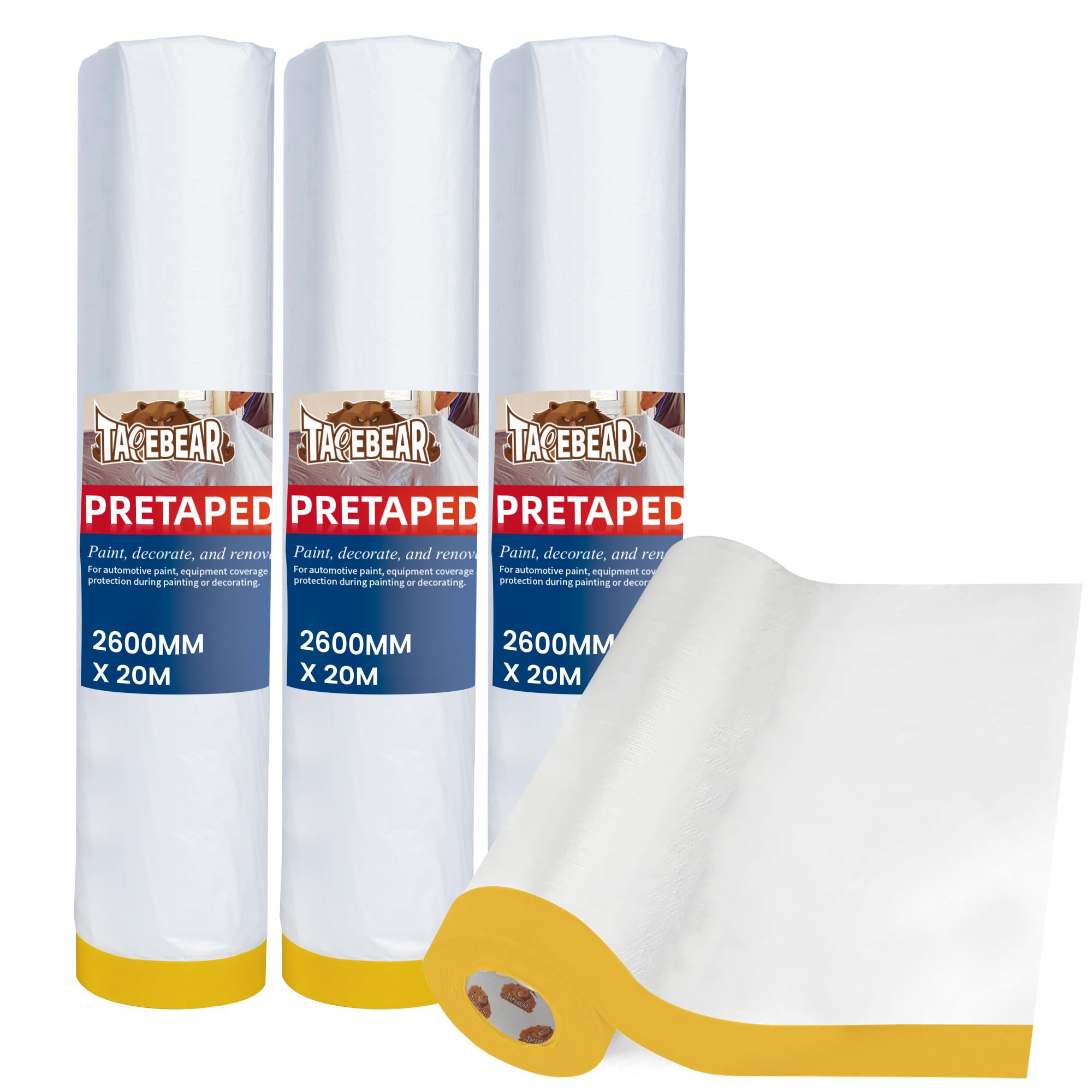 TAPEBEAR Pre-Taped Masking Film 2600mm x 20m x 4Roll, Plastic Sheeting Cover for Painting, Plastic Drop Cloths, Tape and Drape Dust Barrier for Construction, Auto, Appliance and Furniture Cabinets