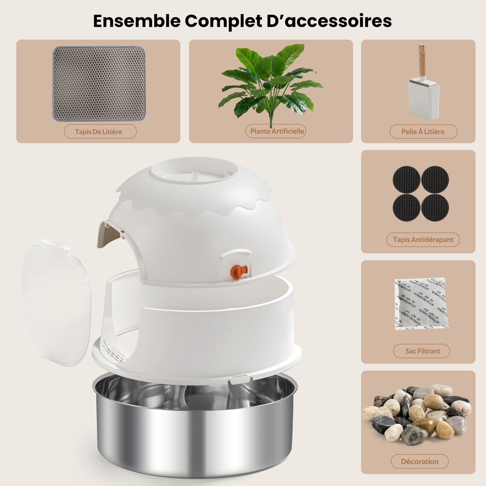 Bac à litière pour chat, Litière Plante en Acier Inoxydable avec Décoration de Plante, Enceinte avec Porte Claire, Inclut Pelle et Tapis à Litière, Contrôle des Odeurs Blanc