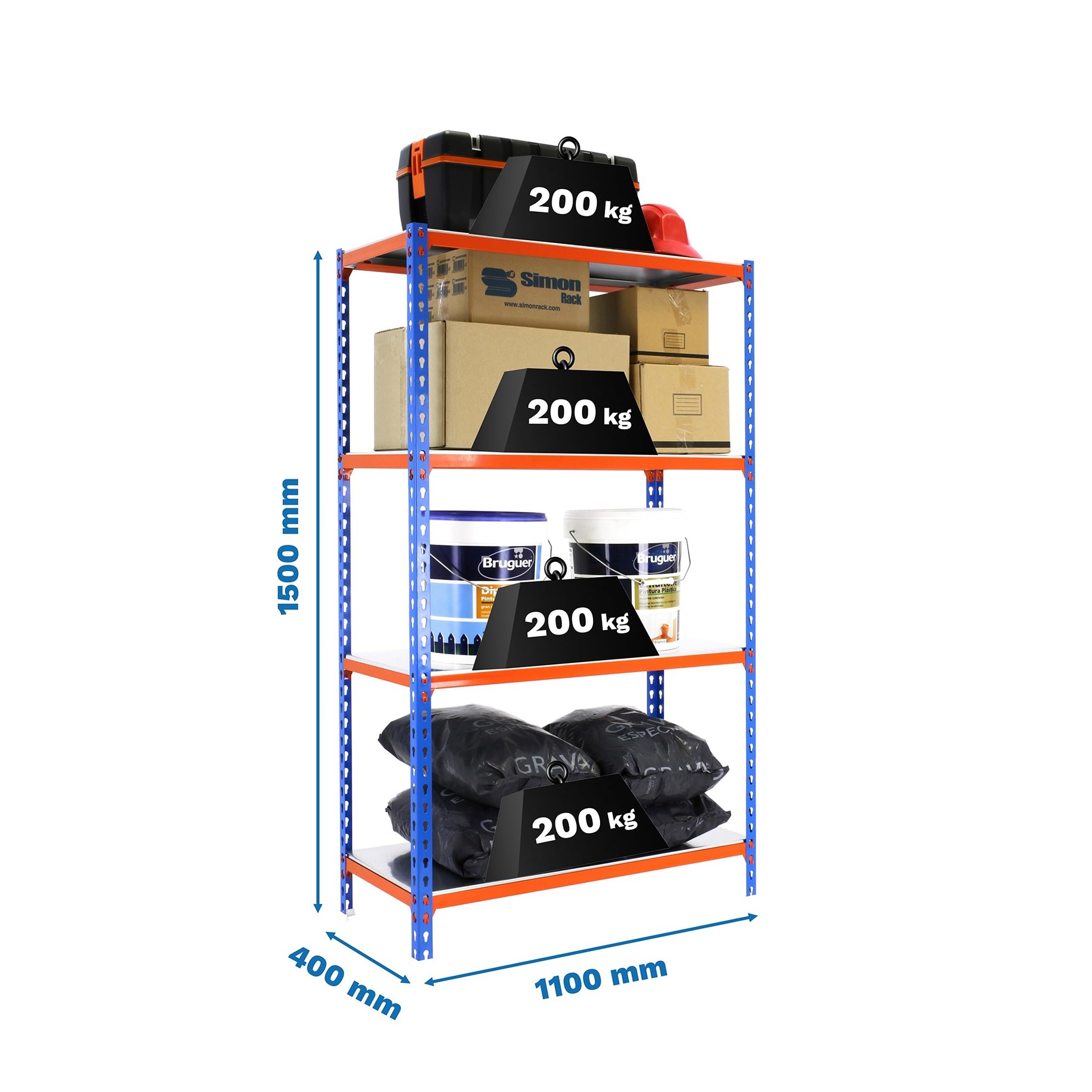 Simon Rack Estanterias Metalicas, 1500x1100x400 mm, 4 Baldas de Metal, 200 kg de Punto Flexión, Estanterias Almacenaje, Azul/Naranja/Galva - Simonclick