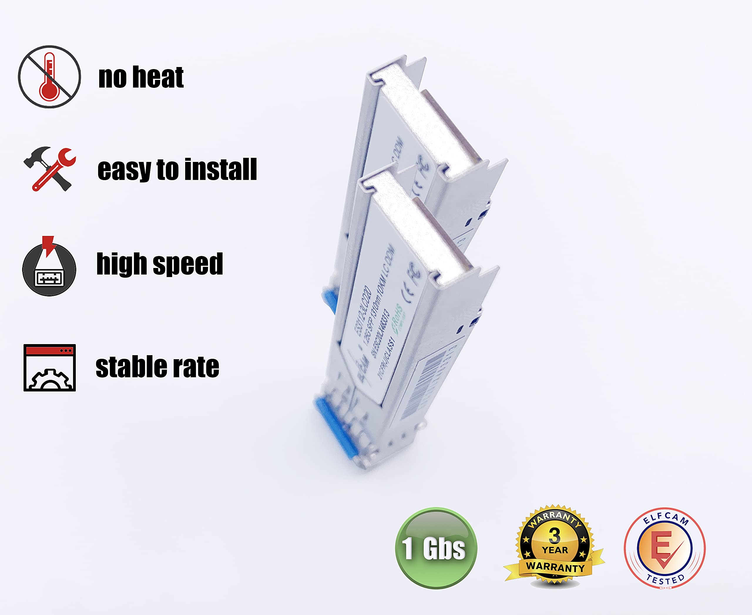 Elfcam - 2 Pack 1,25Gb SFP Module de Transceiver à Fibre Optique 1310nm 10km, Connecteur de Fibre Optique LC/UPC Monomode Duplex Compatible avec Cisco, Ubiquiti Networks, Huawei, D-Link, Open Switch
