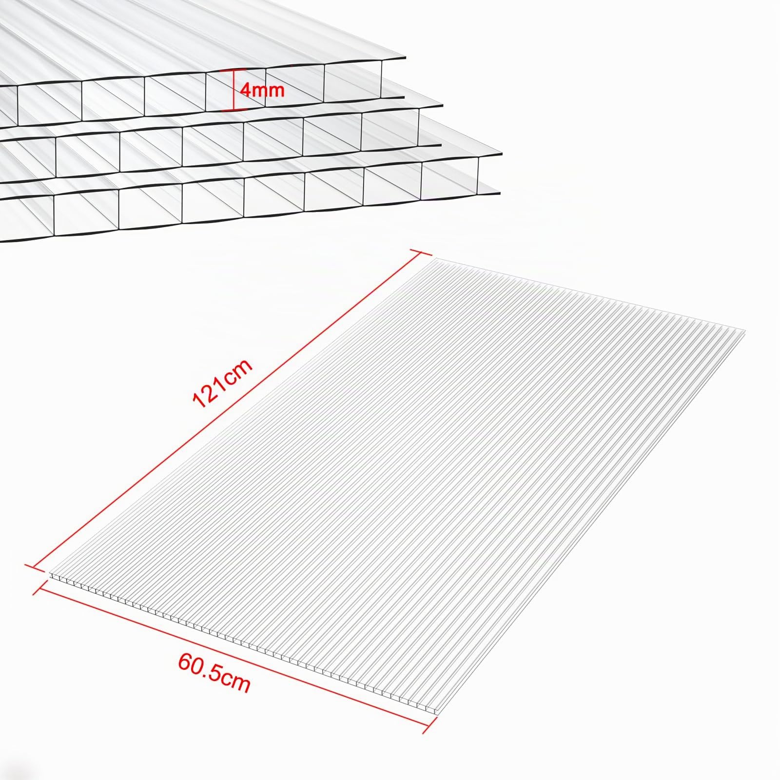 UISEBRT 14 lastre alveolari in policarbonato resistente ai raggi UV, per serre da giardino, piastra doppia, 605 x 1210 x 4 mm, trasparente