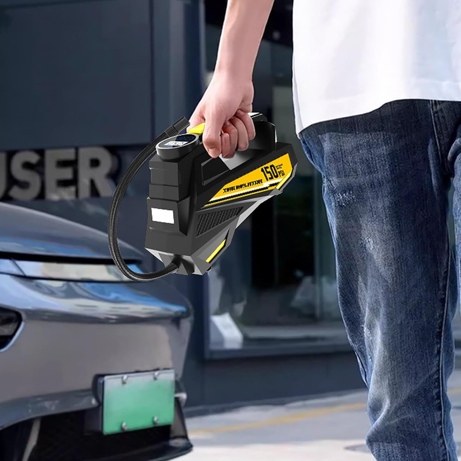 LEDライト付きデジタルコードレスタイヤインフレータカーオートバイ用バイクアクセサリーのためのリアルタイム圧力＆高速デジタルエアコン