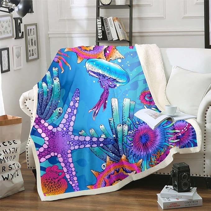 Kids Ocean Blanket Coastal Beach Theme Throw Blanket for Bed, Cartoon Jellyfish
