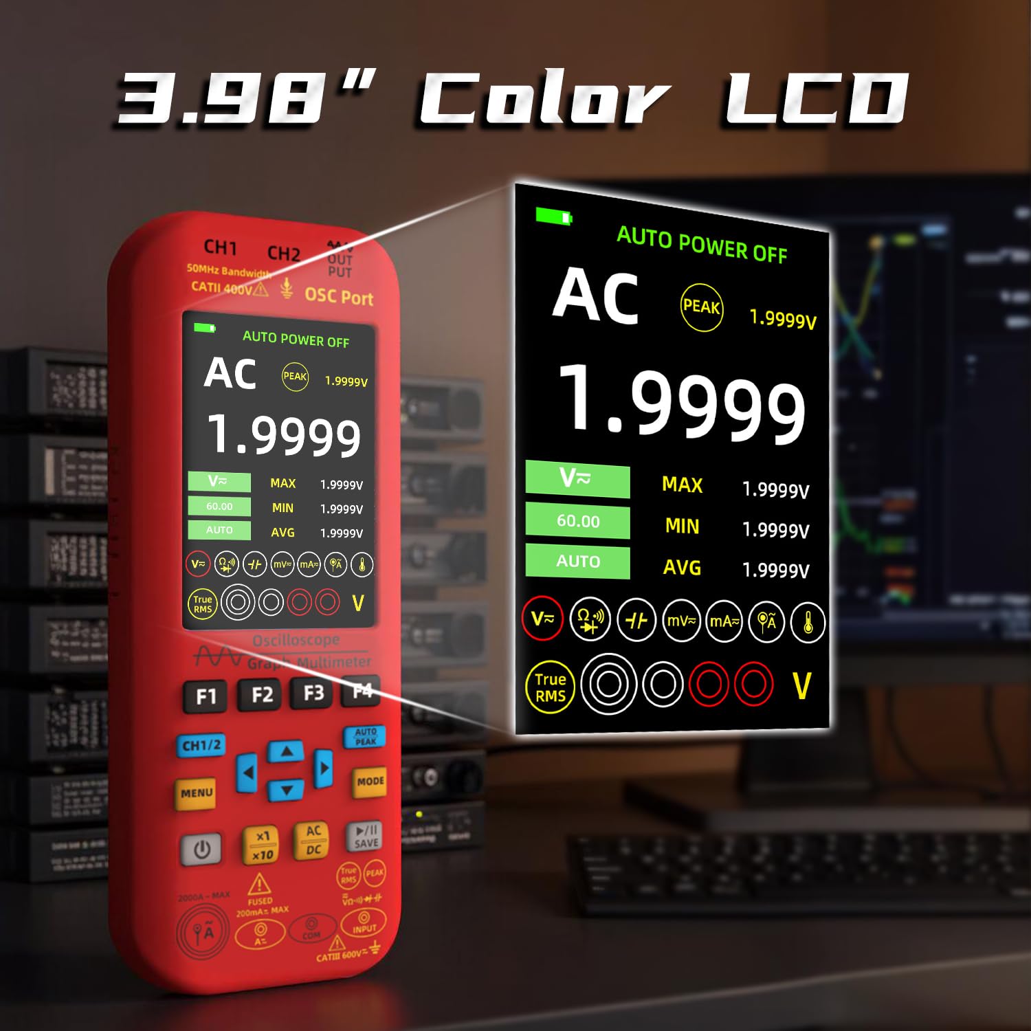 BSIDE O9 Oscilloscopio Digitale Portatile 2 Canali 50MHz 250MSa/s 5000mAh Multimetro TRMS 20000 Conteggi 3.98" Grande Display Generatore di Segnali 7 Forma d'Onda Tester Multifunzione Corrente 2000A