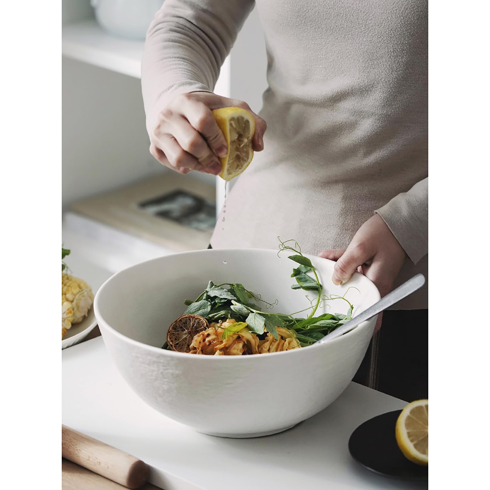 Große Salatschüssel, 2500 ml, 26 cm Durchmesser, Steinstruktur, Suppenschüssel, Keramik, Ramenschüssel für 1 3 Personen, spülmaschinenfest, für Ramen, Obst, Desserts, Suppen und Müsli, Weiß