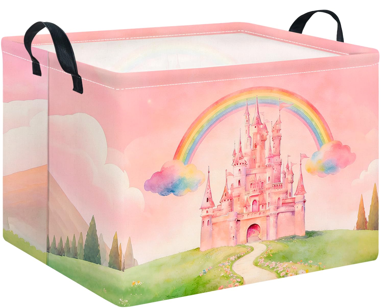 CLOCOR Rectangular Storage Basket Empty,Gift Basket,Waterproof Storage Bin with Handles,Room Decor(Pink Castle)