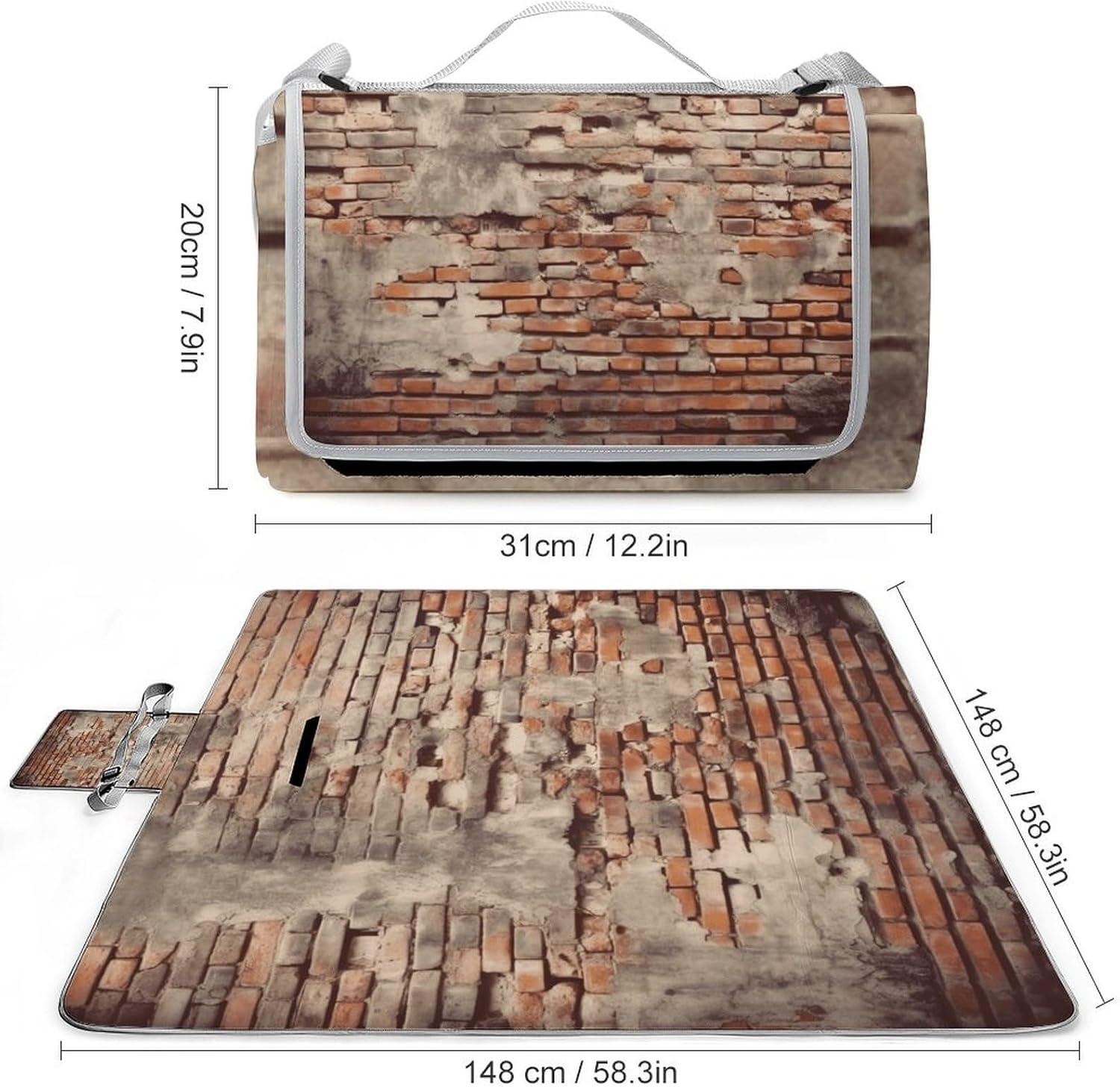 Ancient Worn Brick Wall Waterproof Picnic Blanket 58.3''x58.3'',Portable and Foldable Picnic Mat with Handle,Outdoor Blankets for Lawn Park Beach Travel