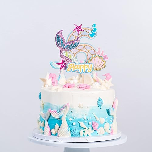 Miniatura 4 de Gyufise 1 pieza de decoración de pastel de sirena de seis cumpleaños para niños y niñas, baby shower bajo el mar, temática de sirena, suministros de