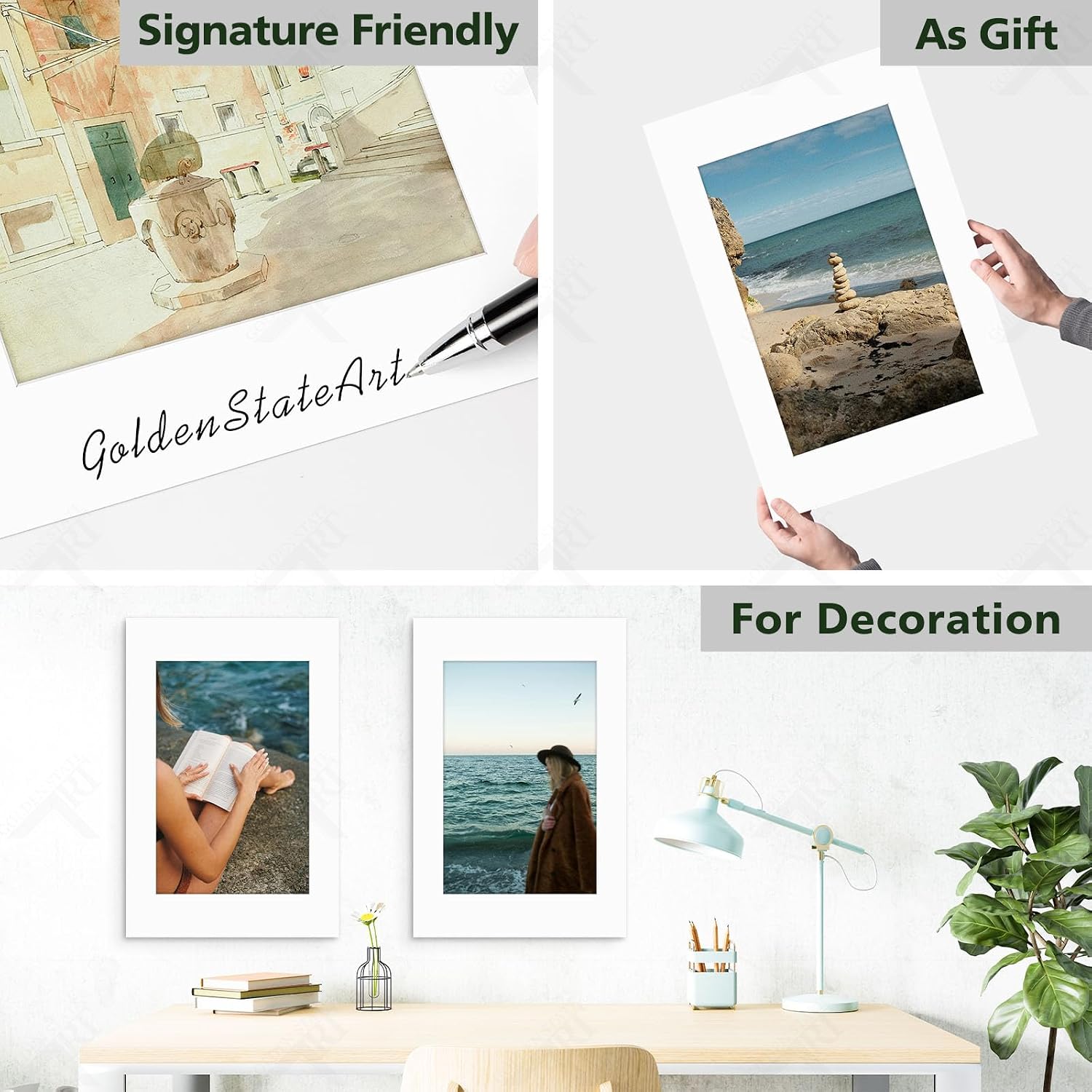 Golden State Art, Pack of 5, 16x24 Picture Mats Pre Cut for 12x18 Photos, Bevel Cut 11.5x17.5 Opening, 1.4mm Thickness, White Core, Acid Free (White）