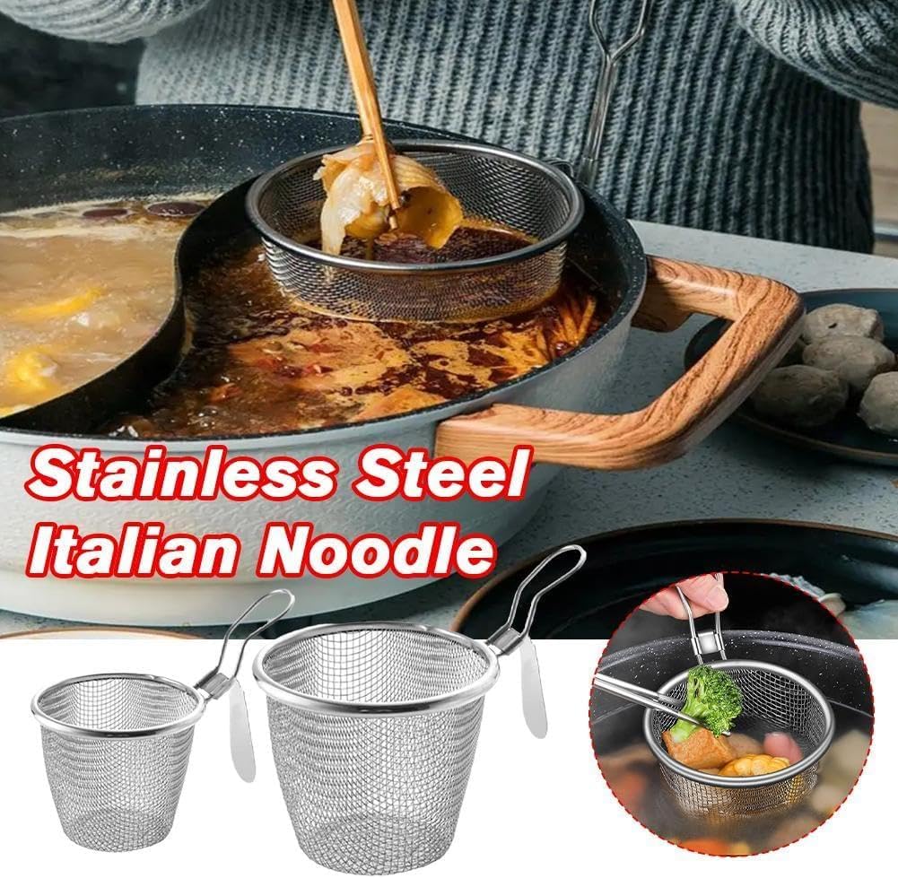 Stainless Steel Strainer Colander Basket, Mesh Spider Food Dumpling Noodle Handle Strainer Mesh Strainer, with Fine (Silver L+S)