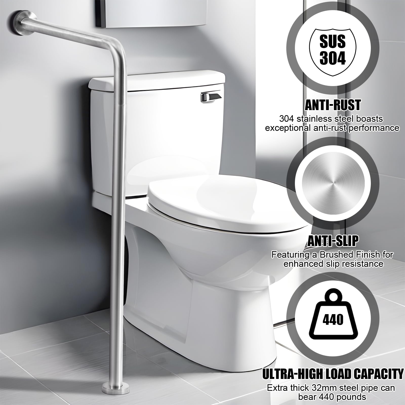 Zonon Maniglia di sicurezza da parete a pavimento, 61 x 83,8 cm, fontanelle in acciaio inox spazzolato, antiscivolo, design diviso, per bagno aree umide, disabili, anziani, donne incinte