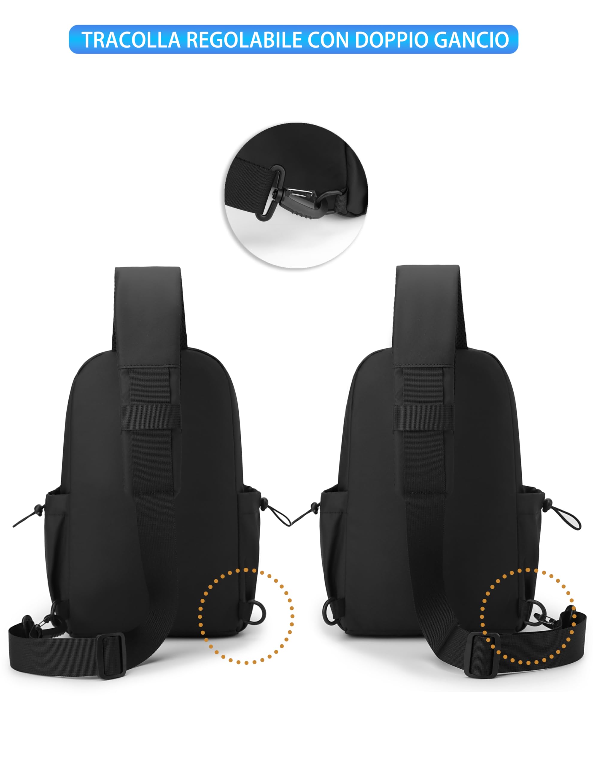 Zaino Monospalla Zainetto Borsa piccola a Tracolla Regolabile in membrana PU Borsello Porta Tablet Crossbody Bag per Uomo (Nero)