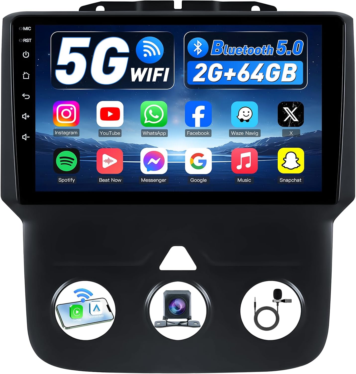 4Core+64G ROM Car Radio for Dodge Ram 1500 2500 3500 2013-2018: 1280 * 800 HD 9 Inch Touchscreen Replacement Stereo Carplay Android Auto 1080P Backup Camera GPS FM RDS 5G WiFi Bluetooth 5.0