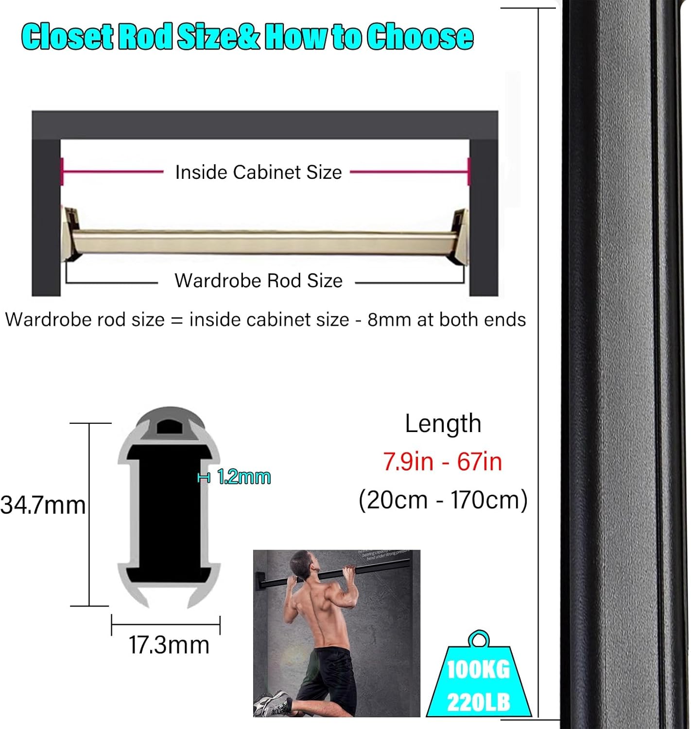 Wardrobe Closet Rod, Waterproof Shower Rods Metal Wardrobe Rail/Poles with Socket Set for Laundry Room Indoor Wall Cupboard, Hanging Bracket Holders System Load 220lbs(Brown,40inch/101.6cm)