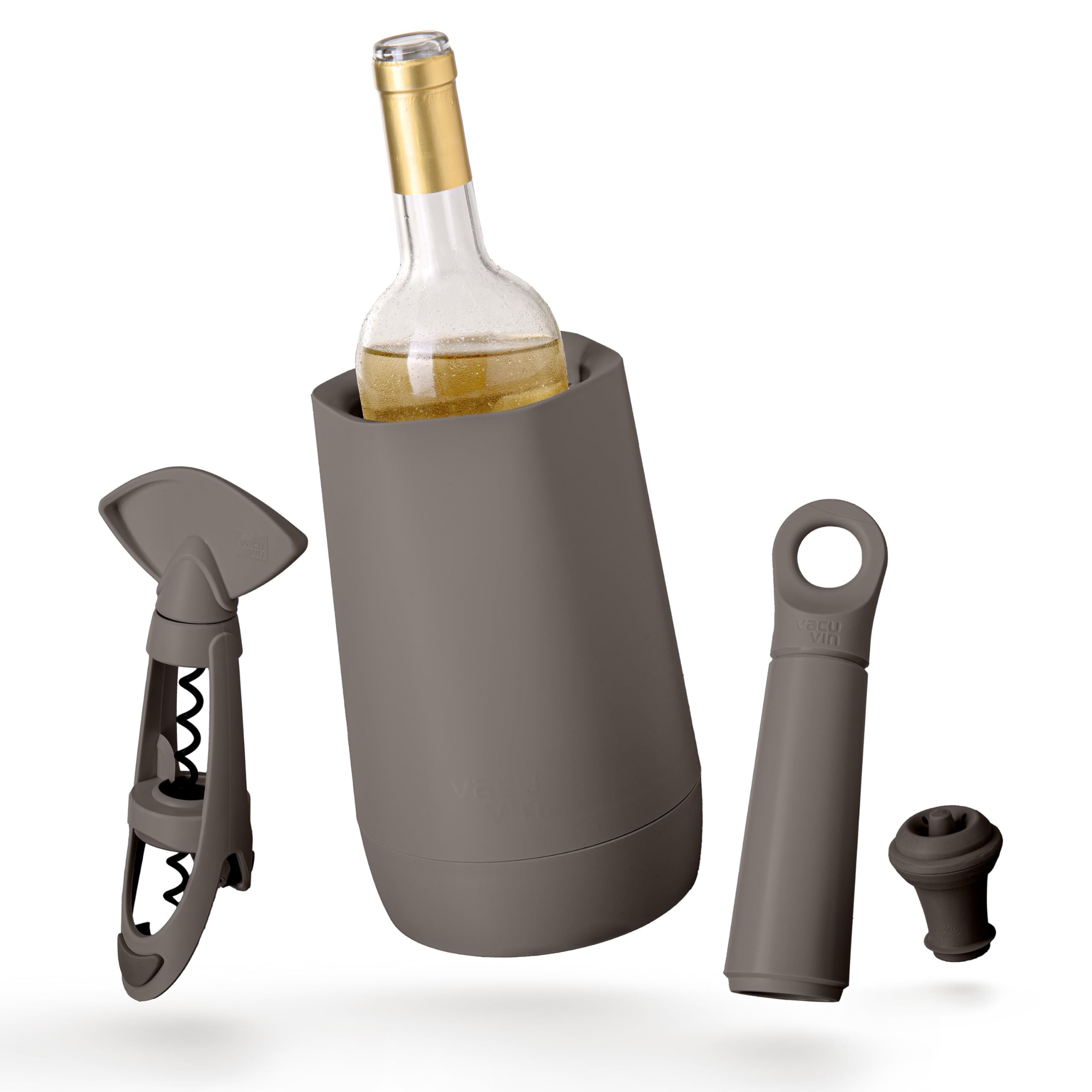 Vacu Vin Host Weinset - Graphit (4-teilig) - Geschenkwürdiges Weinzubehör-Set mit Kühler, Vakuumschoner, Twister-Korkenzieher & tropffreiem Servierteller - Hergestellt aus recyceltem Material