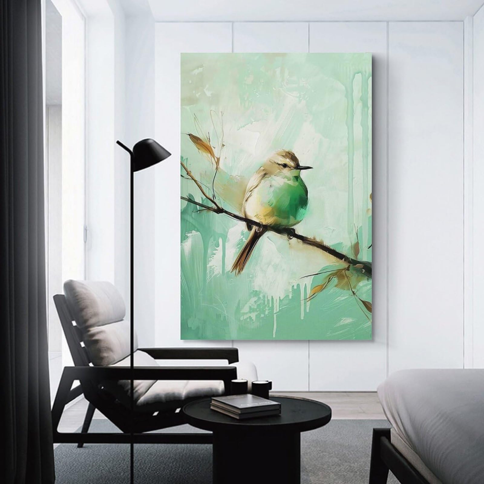 Junmoney Unframe-Style-13 Decorative Wall Artwork Green Bird On Branch, 24X36inch(60X90cm), For Sofa Walls, Lounge Or Home Corners, Modern Wall Decor For Cosy Interiors