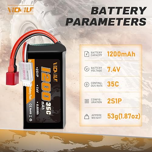 Miniatura 2 de 7.4V Lipo Batería 1200mAh 2S 35C Alta tasa de descarga Batería recargable con Dean-Style T Plug Fit para WLtoys A949 A959 A969 A979 K929 Most 110