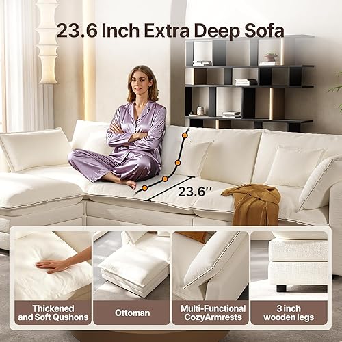 Miniatura 3 de Sofá modular de 102 pulgadas, color beige, sofás de nube para sala de estar, sofá en forma de L con otomana móvil, modernos sofás seccionales de