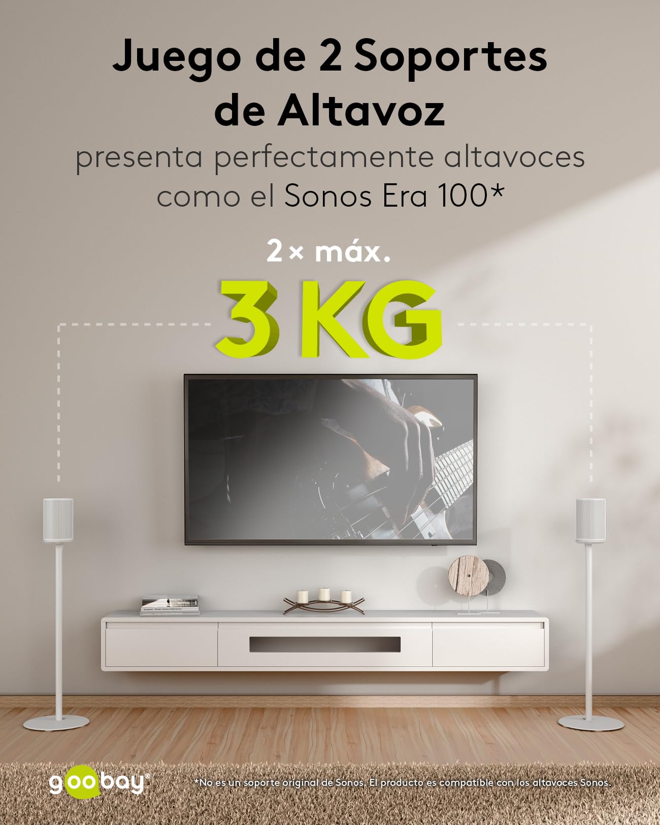 goobay Soporte Altavoz para Sonos Era 100 - Altura 71,5 cm - hasta 3 kg - Acero Blanco - Gestión de Cables - 71983