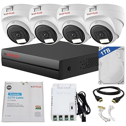 CP PLUS 4 Channel DVR with 2MP 4X Indoor, Built-in Audio Mic, Dual Light Color Night Vision Wired CCTV Cameras, Motion Detection, 4 Channel SMPS, 70 Meters CCTV Cable, 1TB HDD, Required BNC/DC, White
