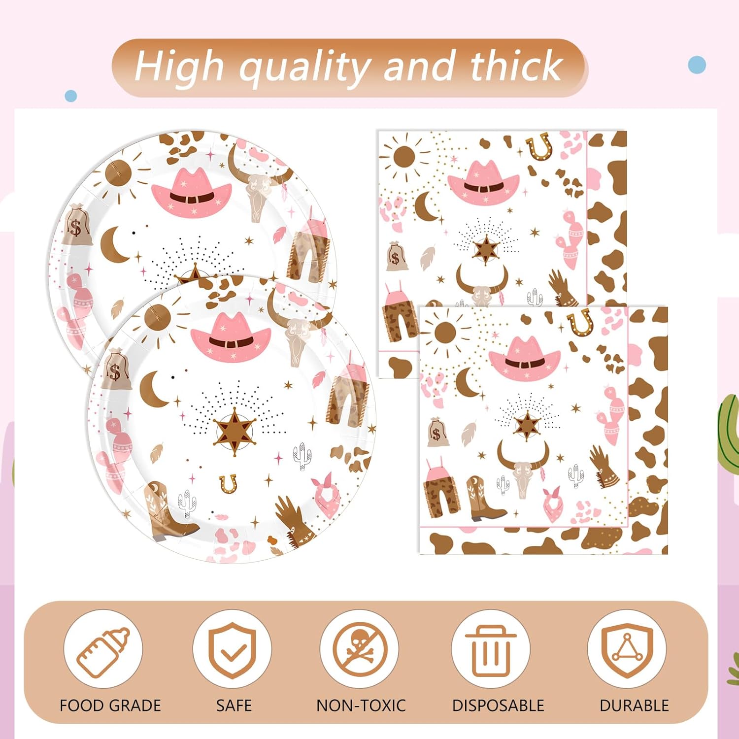 41Pcs Western Cowgirl Birthday Party Decorations Pink Cowgirl Party Supplies Retro Cowgirl Paper Plates Napkins Tablecloth|First Rodeo Wild West Cowgirl Birthday Baby Shower Bachelorette Party Decor - Image 4