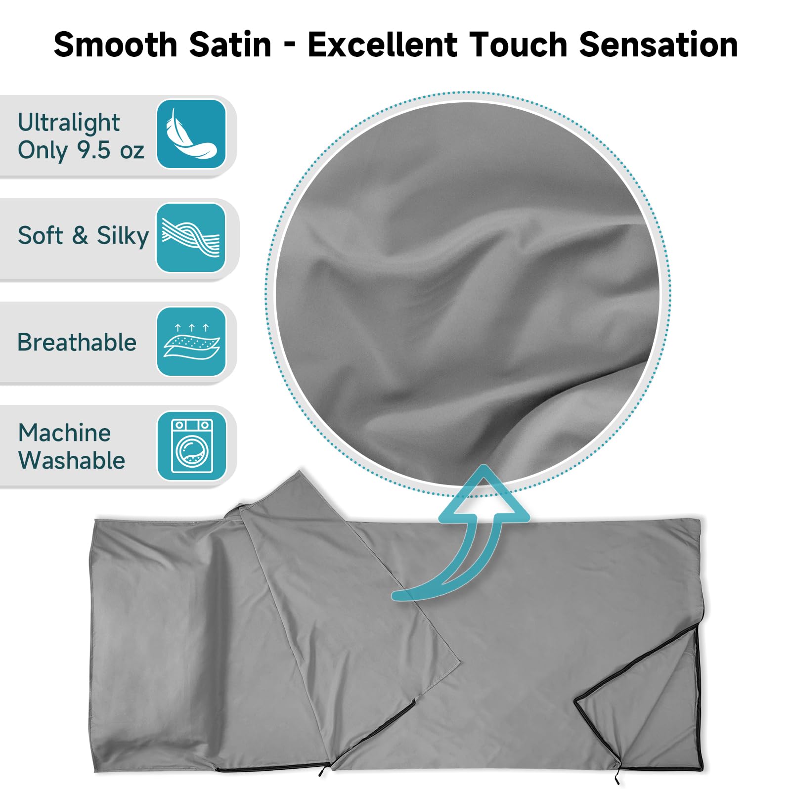 VVAYHUA Sleeping Bag Liner, Ultralight Satin Travel Sheets & Self Tan Sleep Sack with Two Way Zippers, Portable Silky Camping Sheets & Adult Sleep Sack for Hotel Backpacking Business Trips (Grey)
