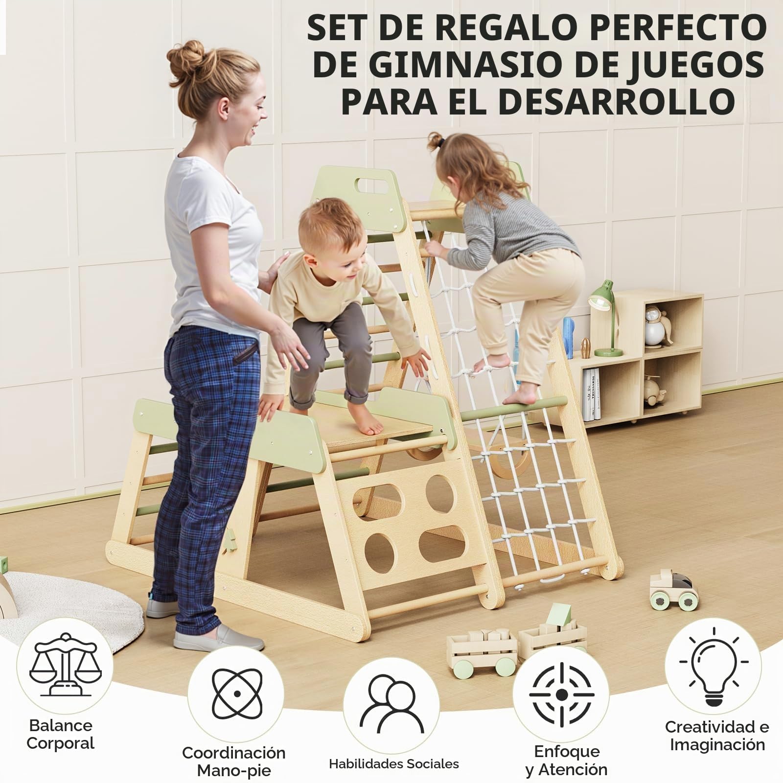 Triángulo de Escalada Infantil 12 en 1 Gimnasio Montessori Psicomotricidad Parque Interior para Niños Estable Conjunto de Juguetes de Madera con Tobogán, Muro, Red, Balancearse, Pizarra 1+ Años