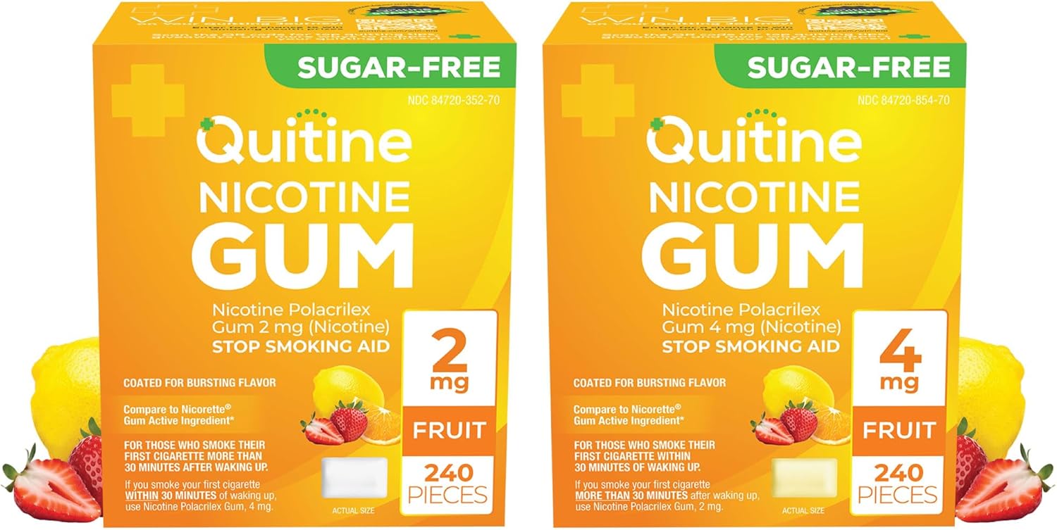 Quitine Nicotine Gum Step-Down Bundle – 2mg and 4mg Fruit Flavor, Stop Smoking Aid – Affordable NRT to Relieve Cravings, 480 Count, Traditional Gum to Support Your Quit Journey