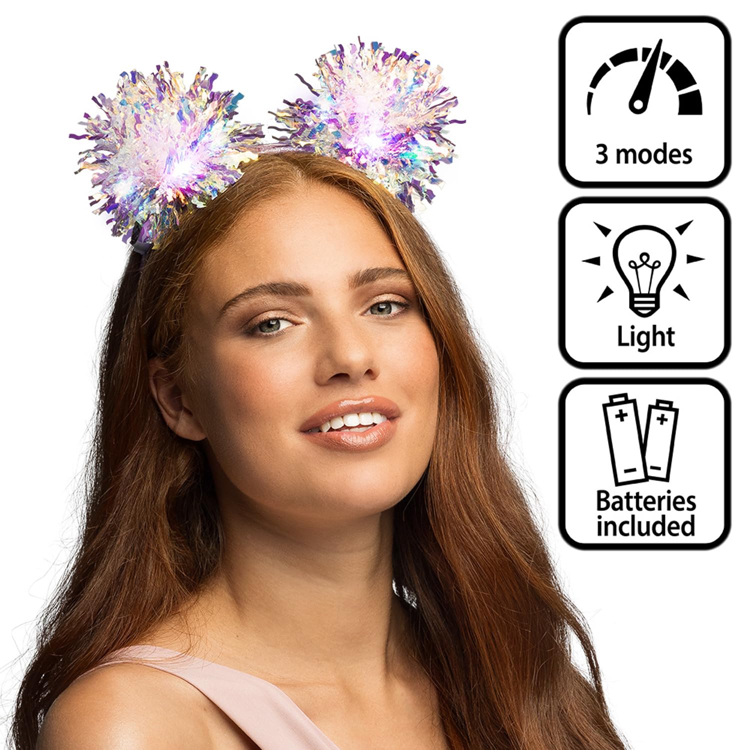 Boland 52194 - Diadem LED Sparkle, opaska z pomponem i światełkami, świecące akcesoria na karnawał i imprezy tematyczne, strój imprezowy