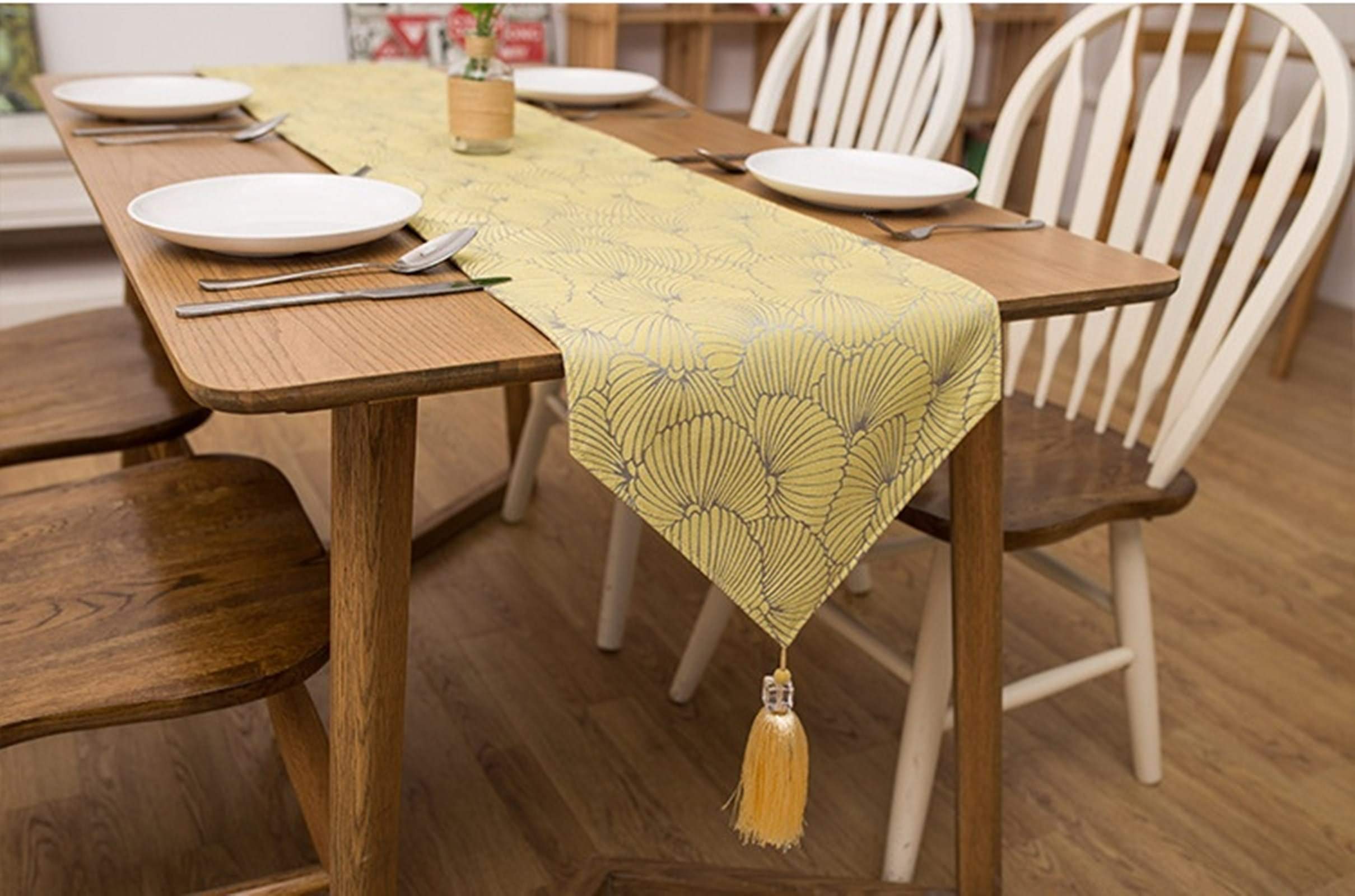 KnBoB Baumwolle Gelb Quasten Blumenmuster Tischläufer für Esstisch Restaurant Größe 35x200CM