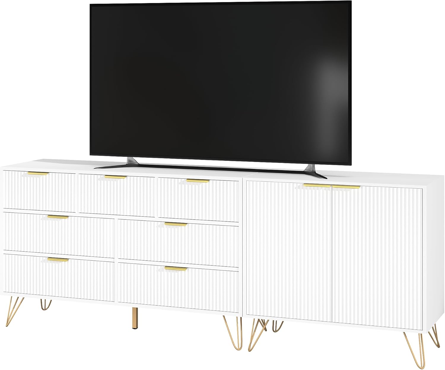 Fluted TV Stand for TVs up to 80 Inch, 78” Entertainment Center with Storage and Adjustable Shelves, Modern Media Console for Living Room, Bedroom, White