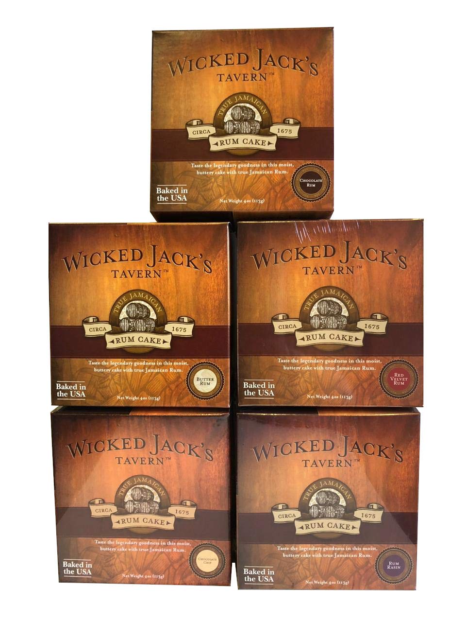 Wicked Jack's Original Authentic Rum Cake Assortment - Butter, Red Velvet, Chocolate, Chocolate Chip and Rum Raisin, 4-oz Boxes (Pack of 5)