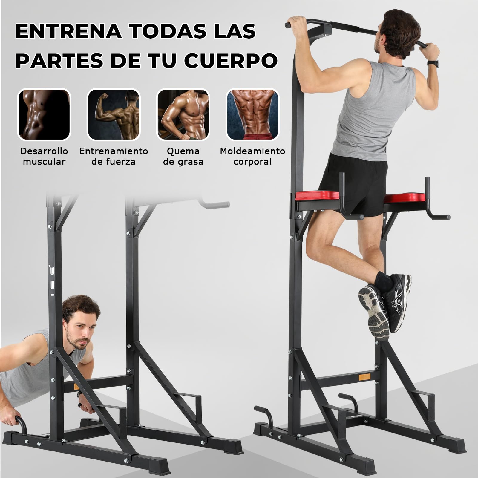 ISE Maquina Dominadas, Estación de Musculación, Torre de Gimnasio Entrenamiento Multifuncional, Multiestación con Barra de Dominadas Fitness, Power Tower de Pull-up, Ejercicio Fuerza Gimnasia
