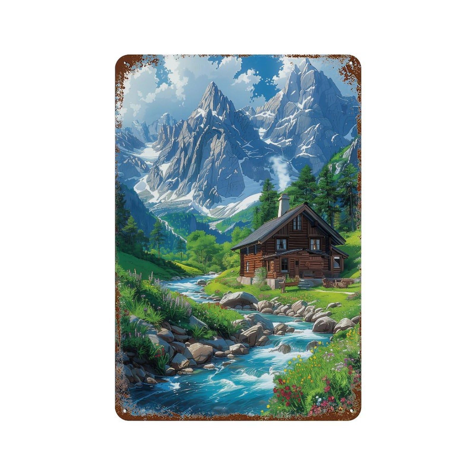 Mountain Cabin Scene 11.8"x7.9" Vintage Rust Metal Sign, Shabby Chic Decor for Cafe, Home Bar And Lounge Decor