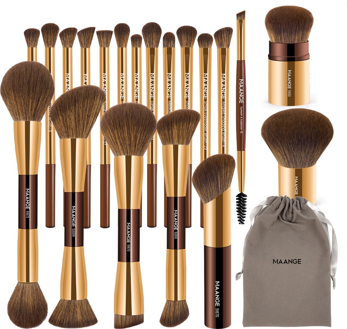 MAANGE 20 PCS Foundation Makeup Brush Set, Double-ended Kabuki Contour Brush for Liquid Powder Concealer Blending Blush Makeup Tools (Coffee Gold)