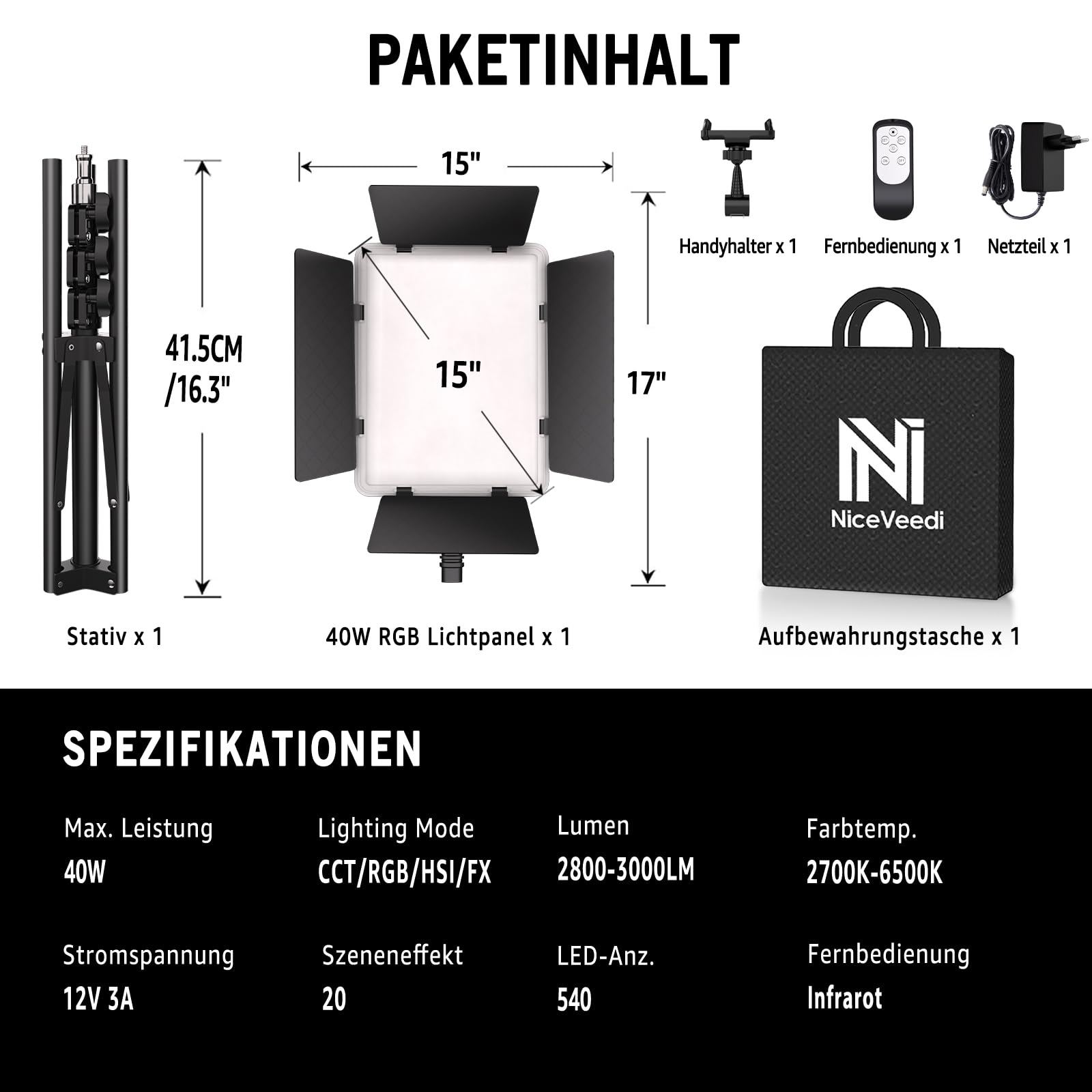 Niceveedi 15" RGB Videolicht, 2-Pack 40W LED Foto licht mit Fernbedienung und Handyhalterung, 2700K-6500K Studio Panel Licht mit RGB/CCT/HSI/Szenenmodus für YouTube/TikTok/Live-Streaming (1 Pack)
